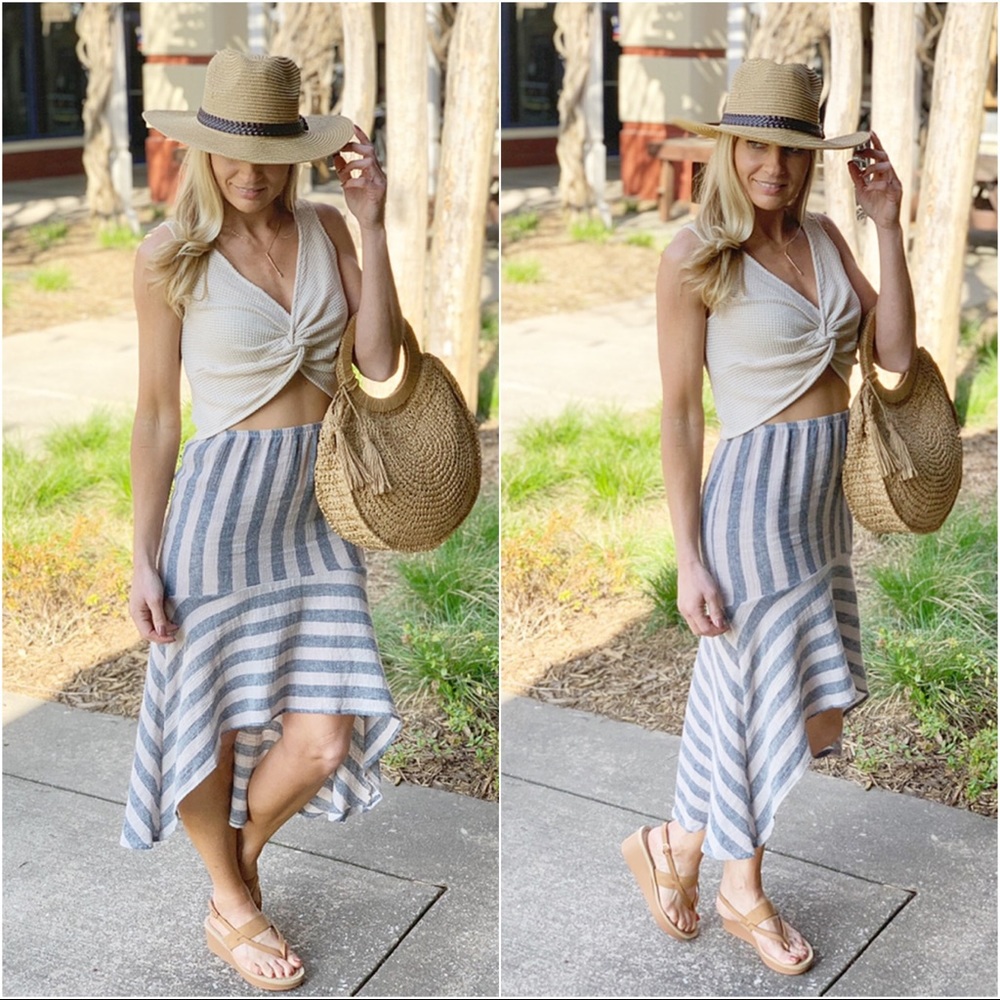 RESTOCK✨Navy Taupe Linen Striped High Low Skirt - Picture 2 of 3